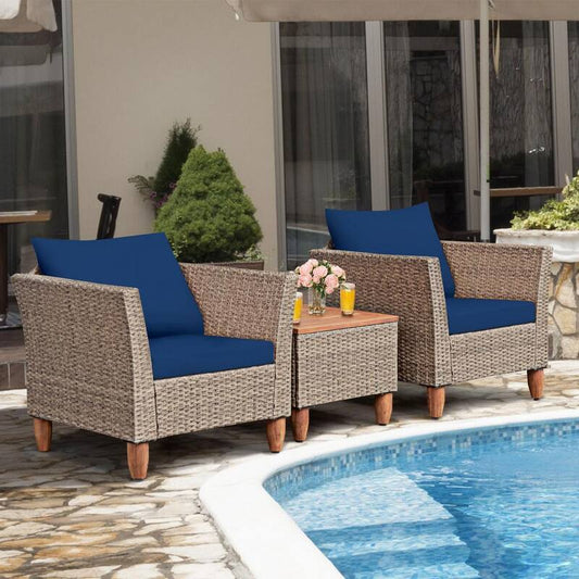 3-Piece Wicker Patio Conversation Set with Blue Cushions