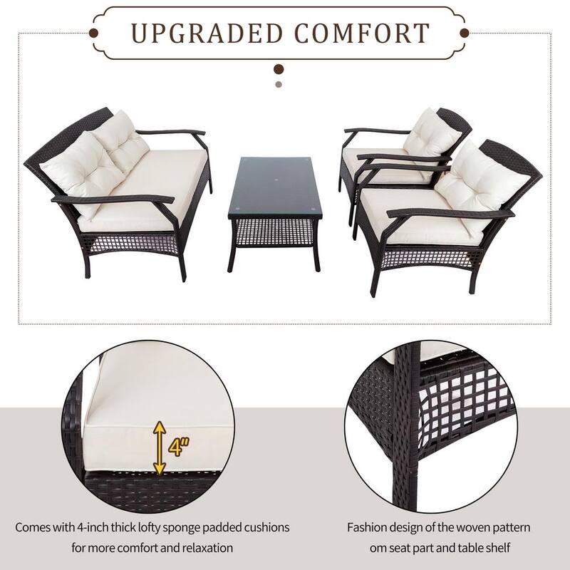 4-Piece Wicker Patio Conversation Set with Beige Cushions