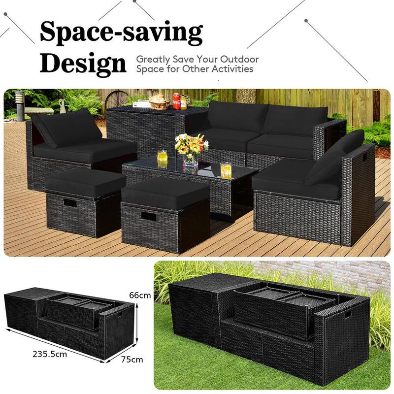 8-Piece Wicker Patio Conversation Set Storage Table Ottoman with Black Cushions