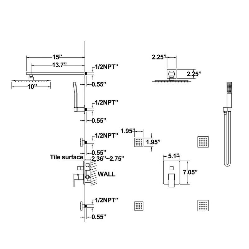 1-Spray Patterns with 1.8 GPM 10 in. Wall Mount Rain Dual Shower Heads with Body Jets in Brushed Gold