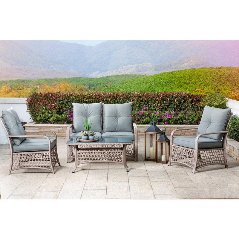 4-Piece Outdoor Wicker Patio Conversation Set with Gray Cushions