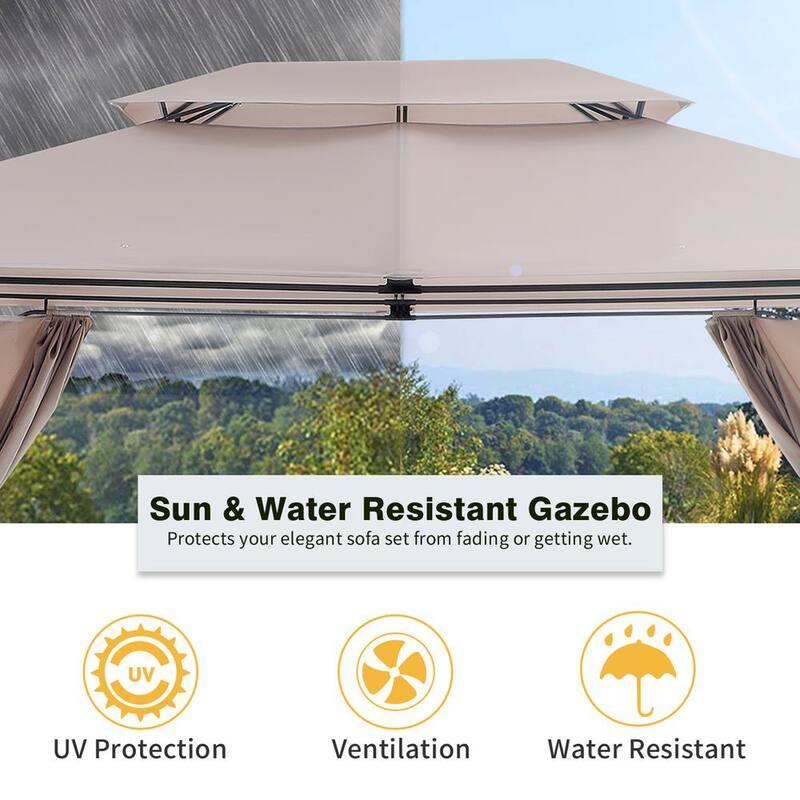 10 ft. x 13 ft. Iron Outdoor Double Roof Tops Gazebo with Mosquito Netting and Removable Curtains for Garden Khaki