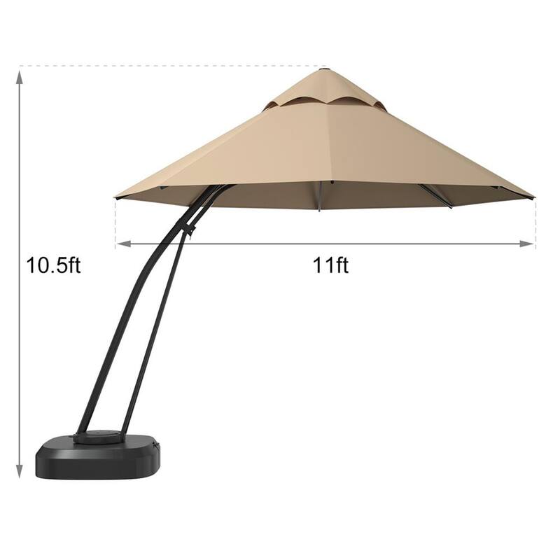 11 ft. Cantilever Patio Hand Push Offset Hanging Umbrella with Wheels Base in Beige