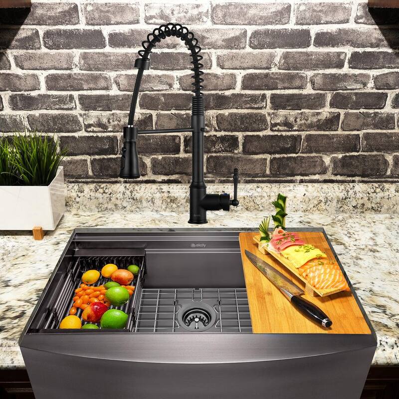 All-in-One Matte Black Finished Stainless Steel 30 in. x 20 in. Farmhouse Apron Mount Kitchen Sink with Faucet