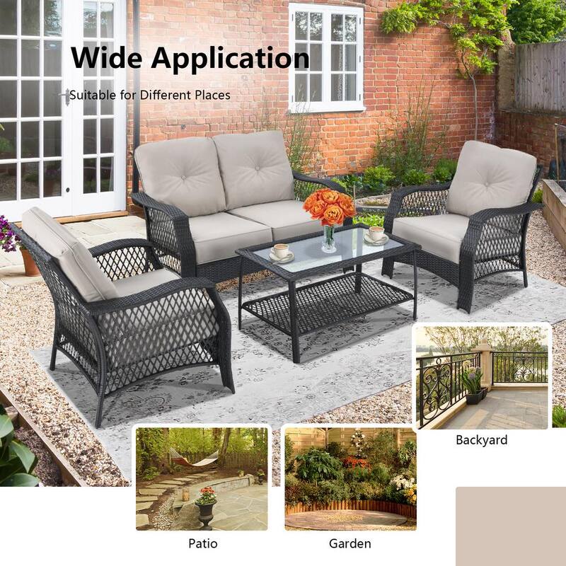 4PCS Wicker Patio Conversation Set Outdoor Rattan Furniture Set w/Tempered Glass Coffee Table and Beige Cushions