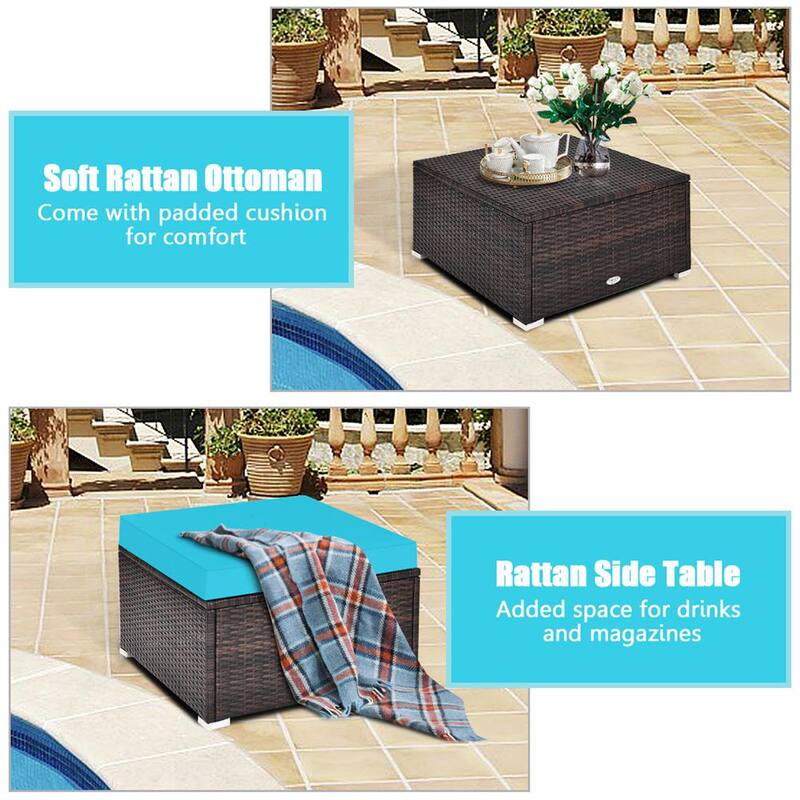 4-Pieces Rattan Patio Conversation Furniture Set Yard Outdoor with Turquoise Cushion