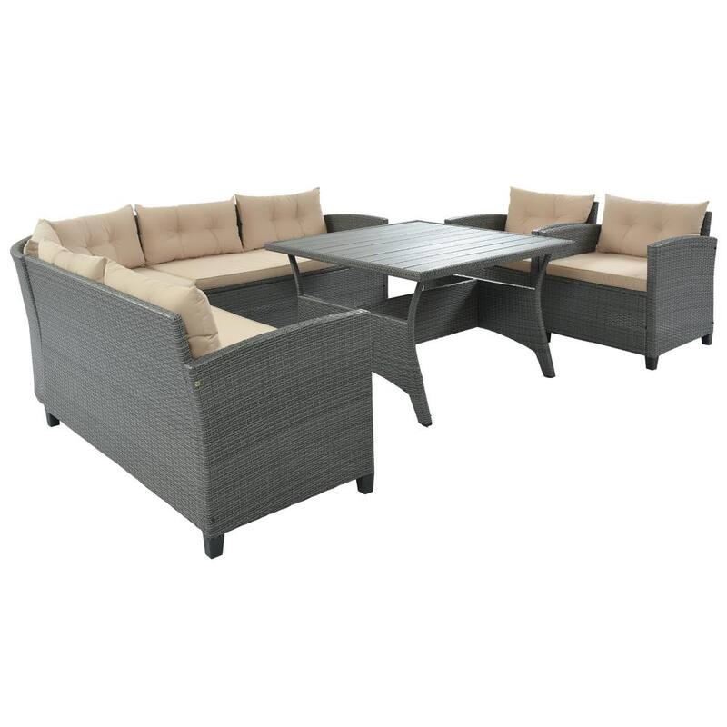 6-Piece Gray Wicker Outdoor Sectional Dining Set with Beige Cushions