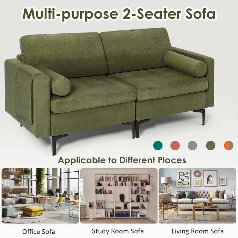 68 in W Suede Modern Loveseat 2-Seat Sofa Couch with 2 Bolsters and Side Storage Pocket Army Green