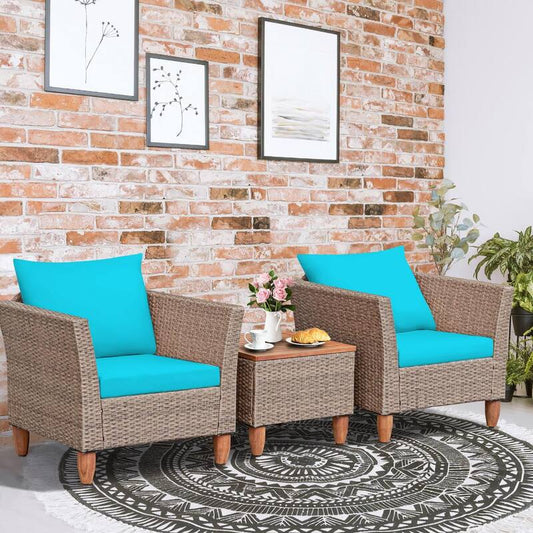 3 -Pieces Patio Rattan Bistro Conversation Set with Turquoise Cushions