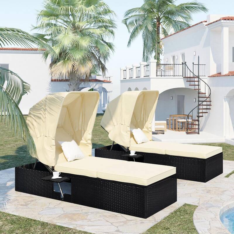 76.8 in. 2-Piece Wicker Outdoor Chaise Lounge with 5 Position Reclining Canopy Cup Table and Beige Cushions