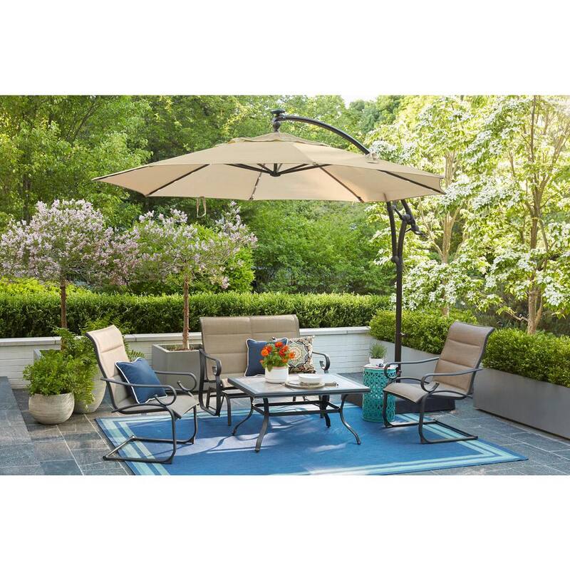 11 ft. Cantilever Aluminum and Steel Solar LED Offset Outdoor Patio Umbrella in Putty Beige