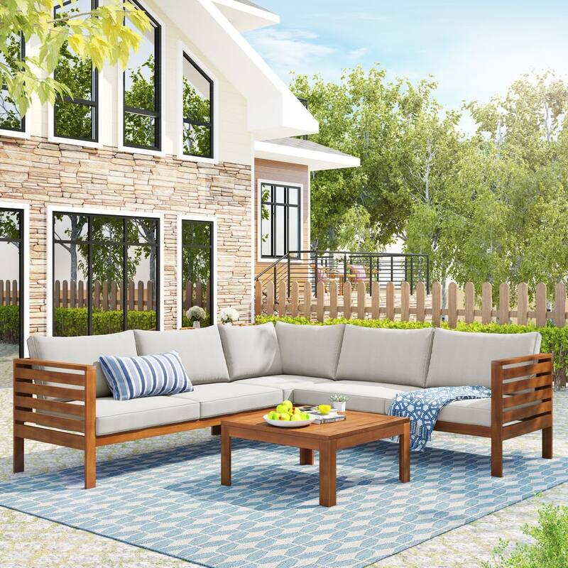 4-Piece Wood Outdoor Sectional Set with Beige Cushions Patio Conversation Corner Sofa with Coffee Table