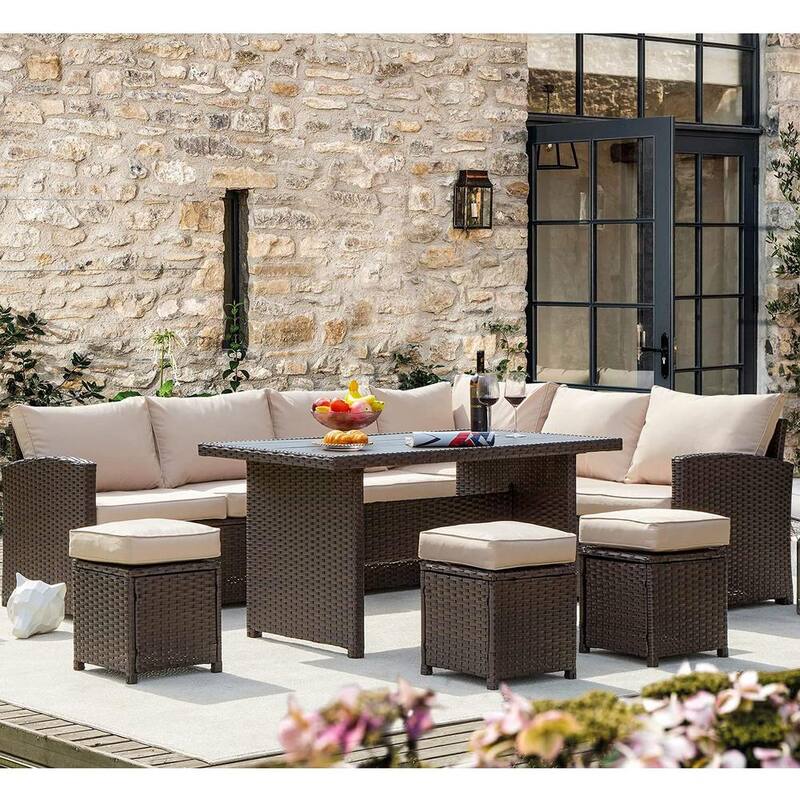 7-Piece Wicker Patio Conversation Set with Sand Cushions Ottoman for Outside Garden Lawn