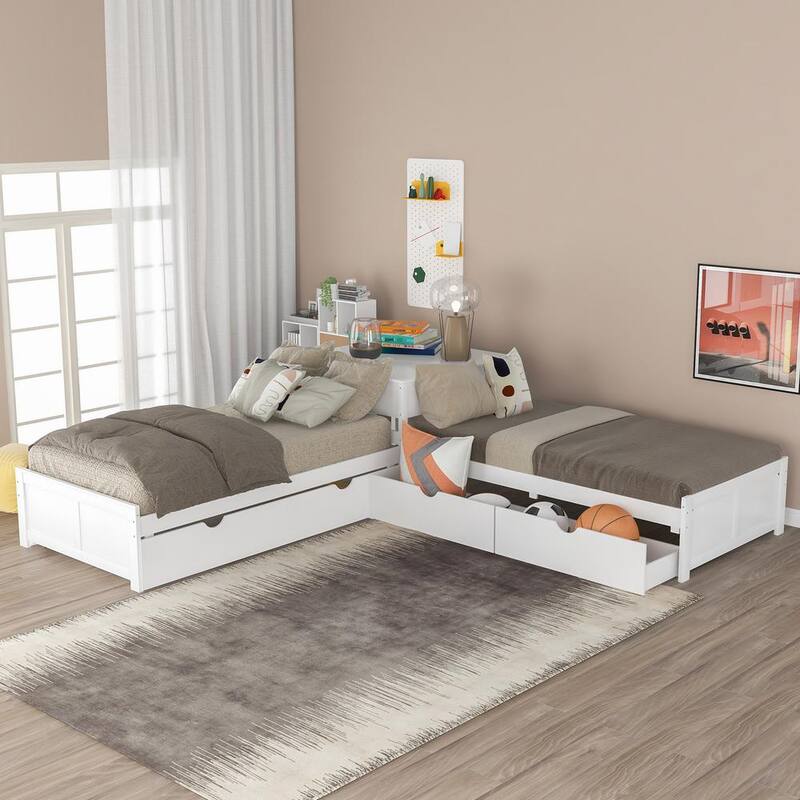 117.60 in. W White Twin L-Shaped Platform Bed with Trundle and Drawers Linked with Built-in Desk