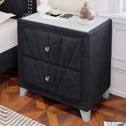 2-Drawer Black Nightstand 28 in. H x 26.8 in. W x 16.9 in. D Velvet Upholstered Glass Top End Table