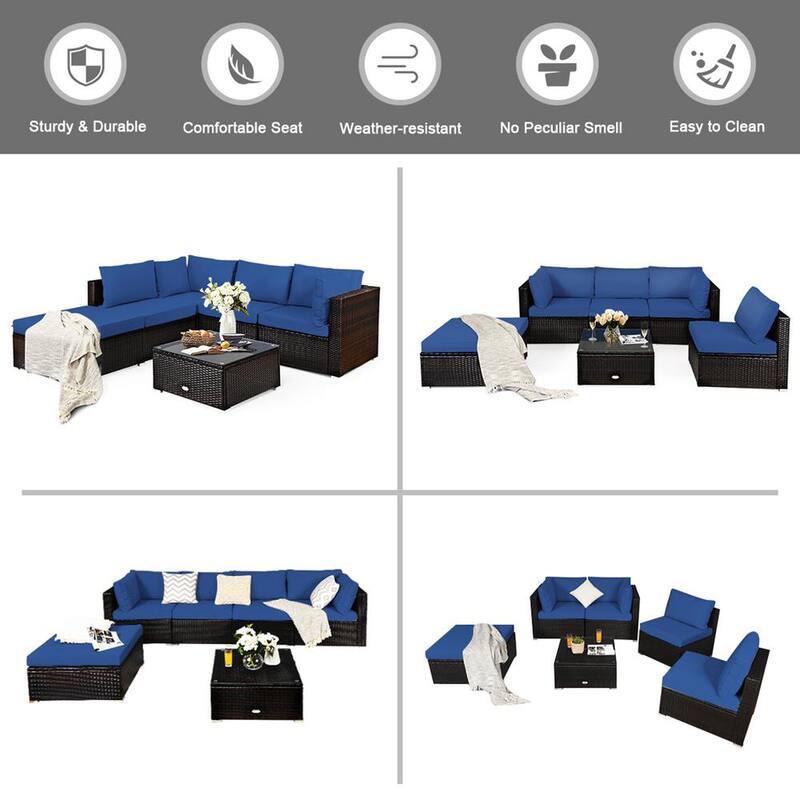 6-Piece Wicker Rattan Outdoor Patio Sectional Sofa Set Outdoor Furniture Set with Navy Cushions