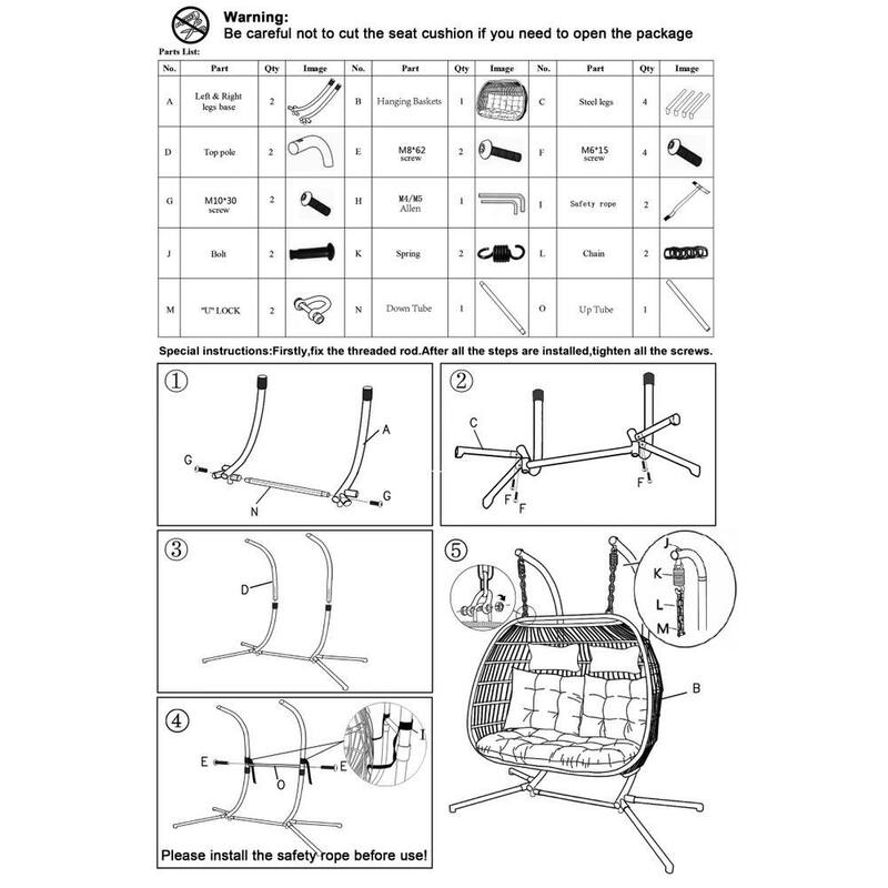 63 in. W 2-Person Luxury Aluminum and Wicker Patio Swing Hanging Egg Chair with Gray Cushion