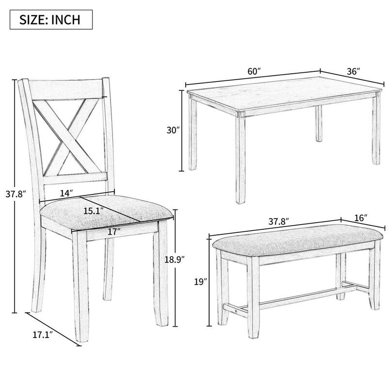 6-Piece Wood Top Gray Dining Table Set with 4-Dining Chairs and 1-Bench