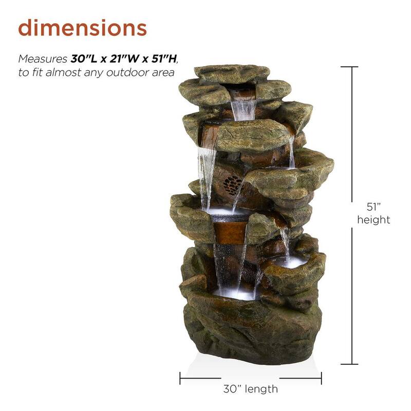 51 in. Tall Outdoor Rainforest Floor Tiered Fountain with LED Lights and Bluetooth Speaker