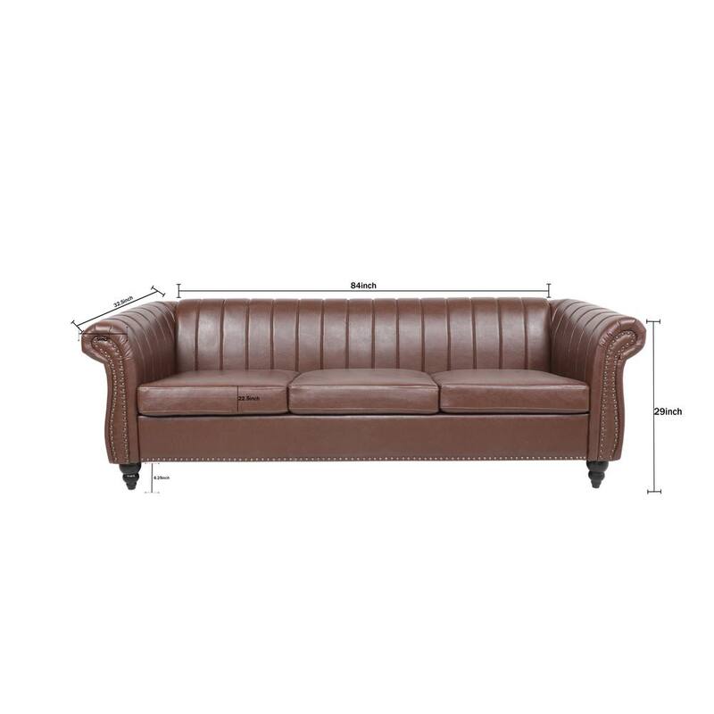 84 in. W Rolled Arm Faux Leather Chesterfield Straight 3-Seat Sofa with Reversible Cushions in Brown