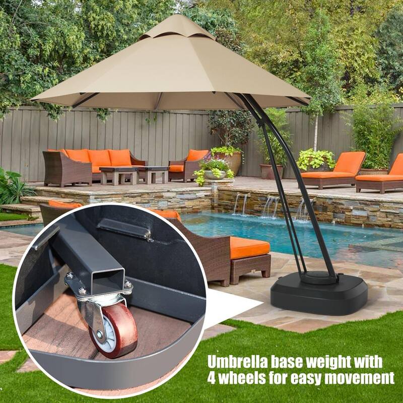 11 ft. Cantilever Patio Hand Push Offset Hanging Umbrella with Wheels Base in Beige