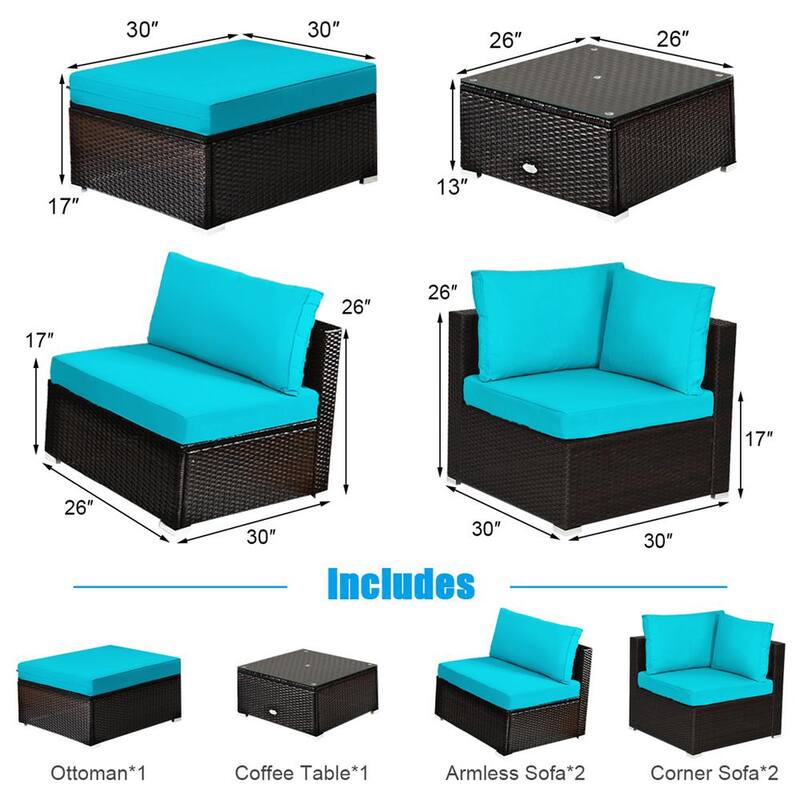 6-Piece Wicker Rattan Patio Outdoor Sectional Sofa Set Outdoor Furniture Set with Turquoise Cushions