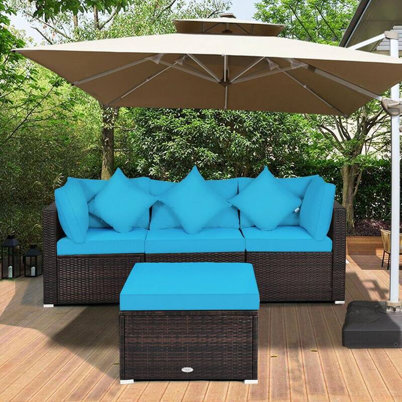 4-Piece Wicker Patio Conversation Set with 9 Turquoise Cushions and 1 Ottoman