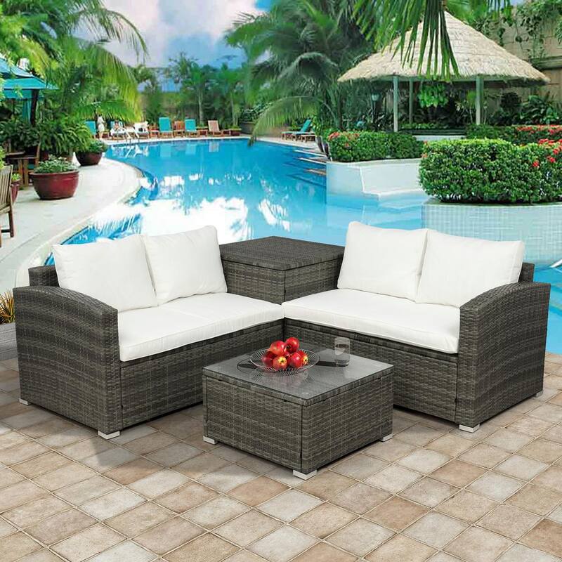 4-Piece Gray Wicker Outdoor Pation Conversation Sofa Set with Beige Cushion