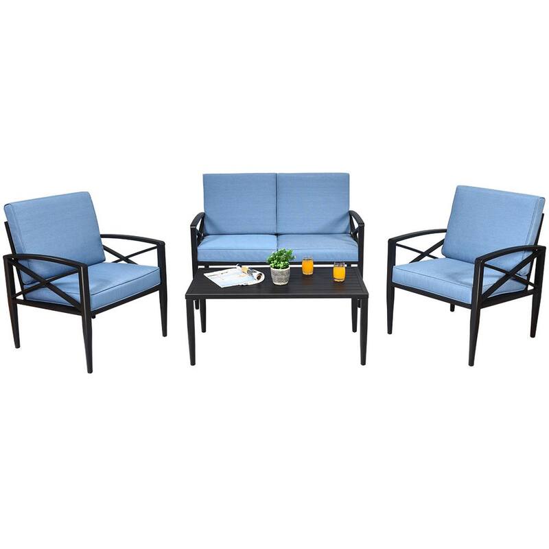 4-Piece Aluminum Patio Conversation Set Coffee Table and Sofa Chair with Blue Cushions