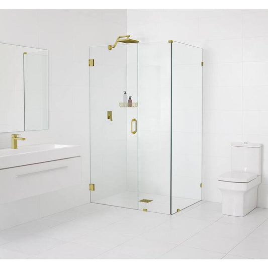 59 in. W x 39.5 in. D x 78 in. H Pivot Frameless Corner Shower Enclosure in Satin Brass Finish with Clear Glass