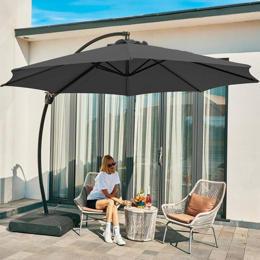 11 ft. L Outdoor Aluminum Curvy Cantilever Offset Hanging Patio Umbrella with Sandbag Base and Cover in Gray