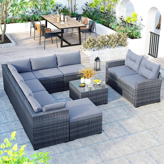 9-Piece Outdoor Wicker Patio Conversation Sofa Set with CushionGuard Gray Cushions for Poolside