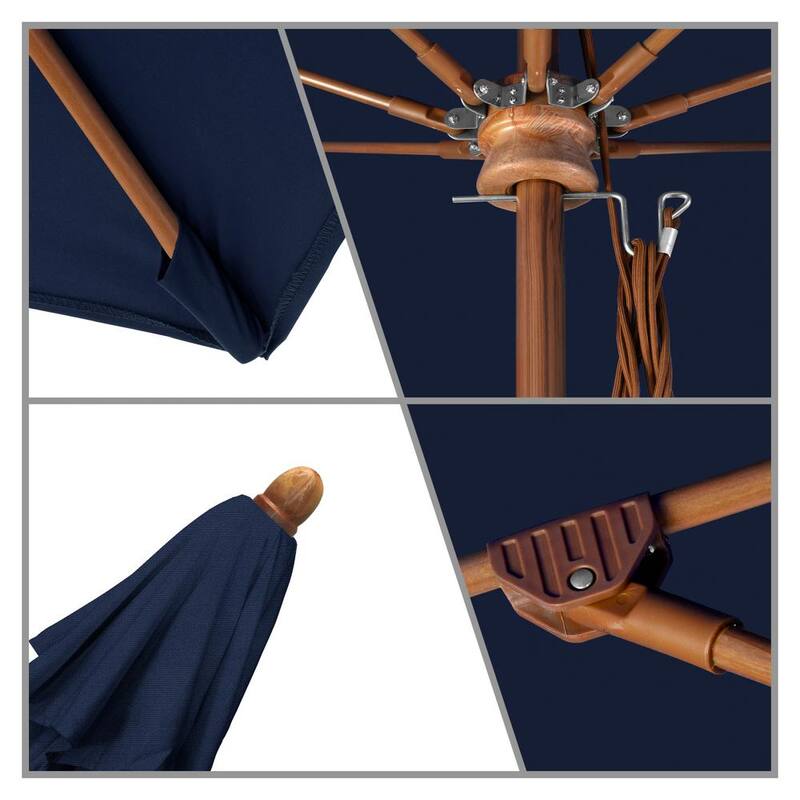 11 ft. Woodgrain Aluminum Commercial Market Patio Umbrella Fiberglass Ribs and Pulley Lift in Navy Sunbrella