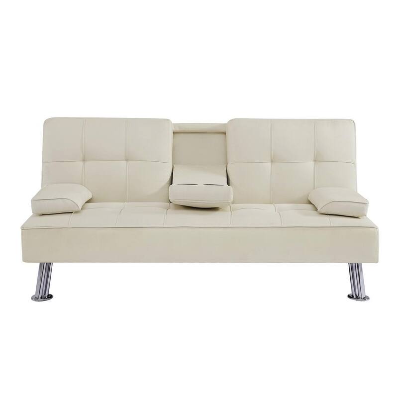 80.71 in. W Beige Fabric Sectional Twin Sofa Bed L-shape Sofa Chaise Lounge with Ottoman Bench and wooden legs