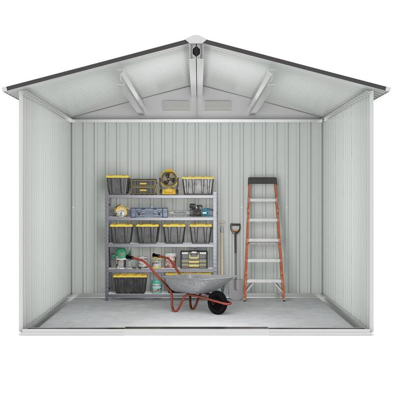 8.4 ft. W x 8.4 ft. D Outdoor Metal Storage Shed Garden Tool Storage with Sliding DoorWhite and Gray70.56 sq. ft.