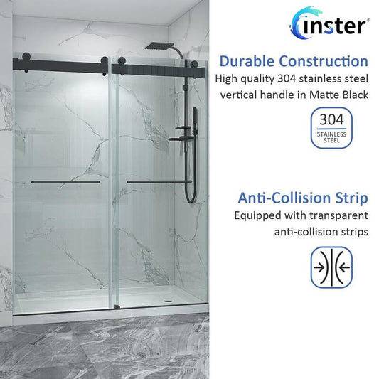 60 in. W x 76 in. H Double Sliding Door with Buffer Frameless Shower Door in Matte Black Finish Clear Glass with Handles