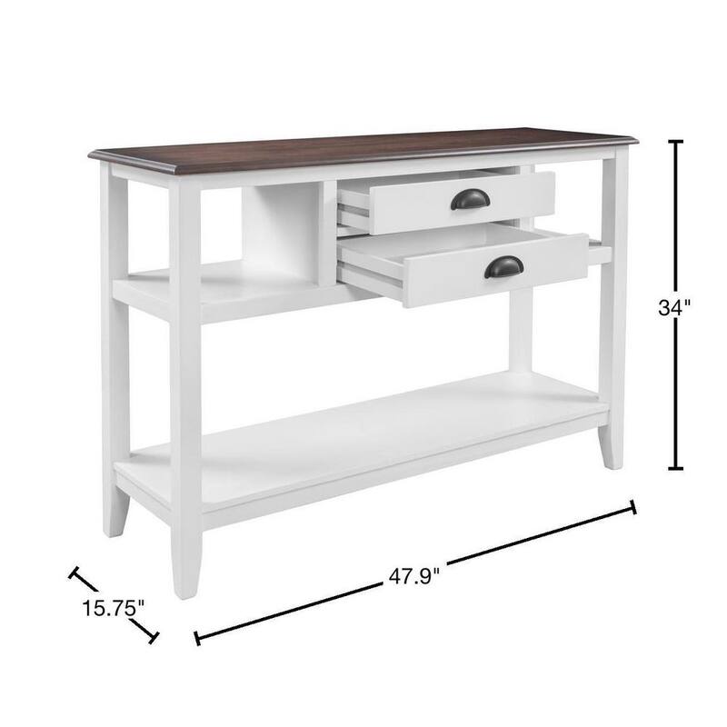 47.9 in. WhiteplusWalnut Rectangle Wood Console Table with 2-Drawers and Open Shelves for Living Room Entryway