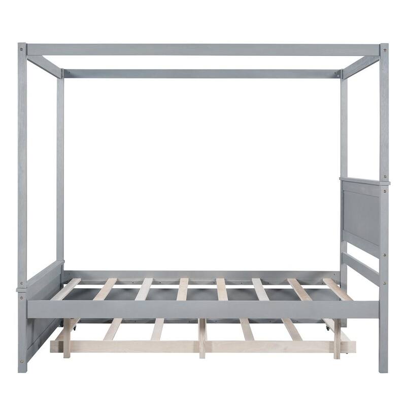 79.50 in. W Gray Full Size Wood Canopy Platform Bed with Trundle Bed No Box Spring Needed