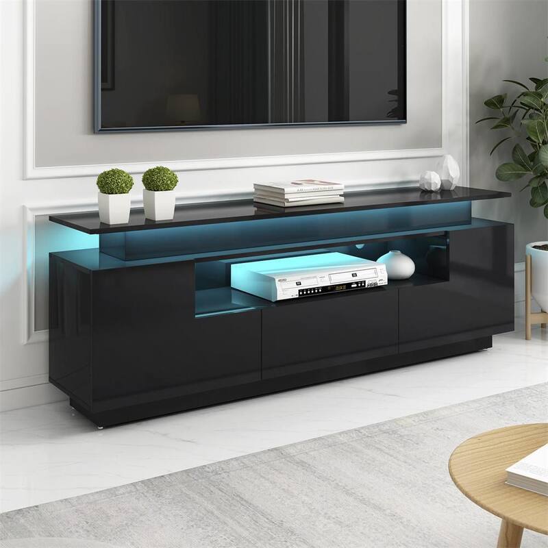 67 in. Black Modern Wood High Gloss TV Stand with 16-color LED Lights 2 Shelves 1 Drawer 2 Cabinets for 75+ inch TV