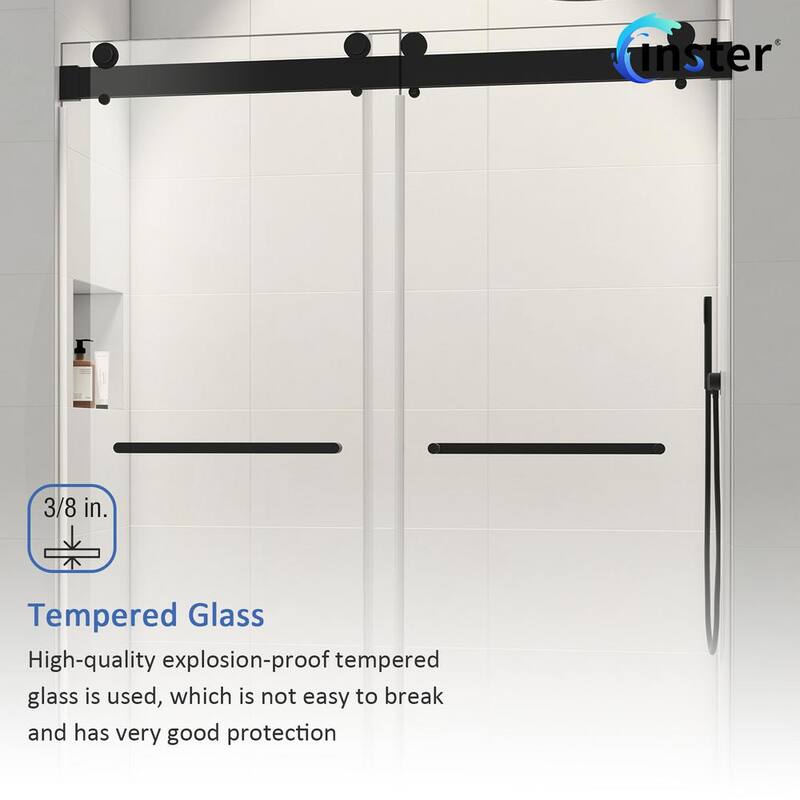 60 in. W x 76 in. H Double Sliding Door with Buffer Frameless Shower Door in Matte Black Finish Clear Glass with Handles