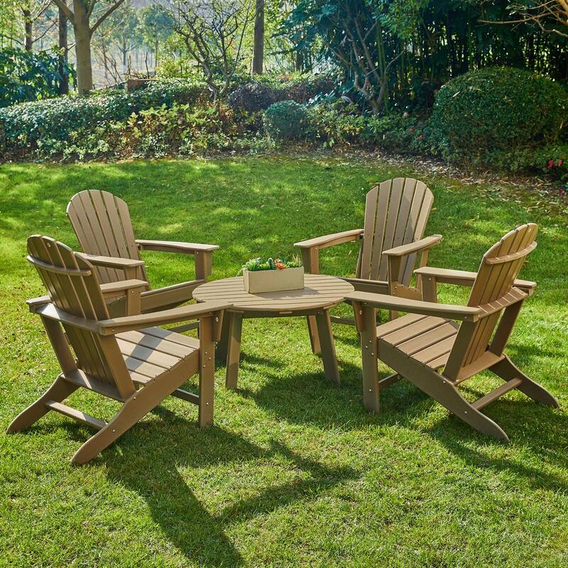 4-Piece Outdoor Patio Tan HDPE Plastic Adirondack Chair and Coffee Table Set 5-Pack