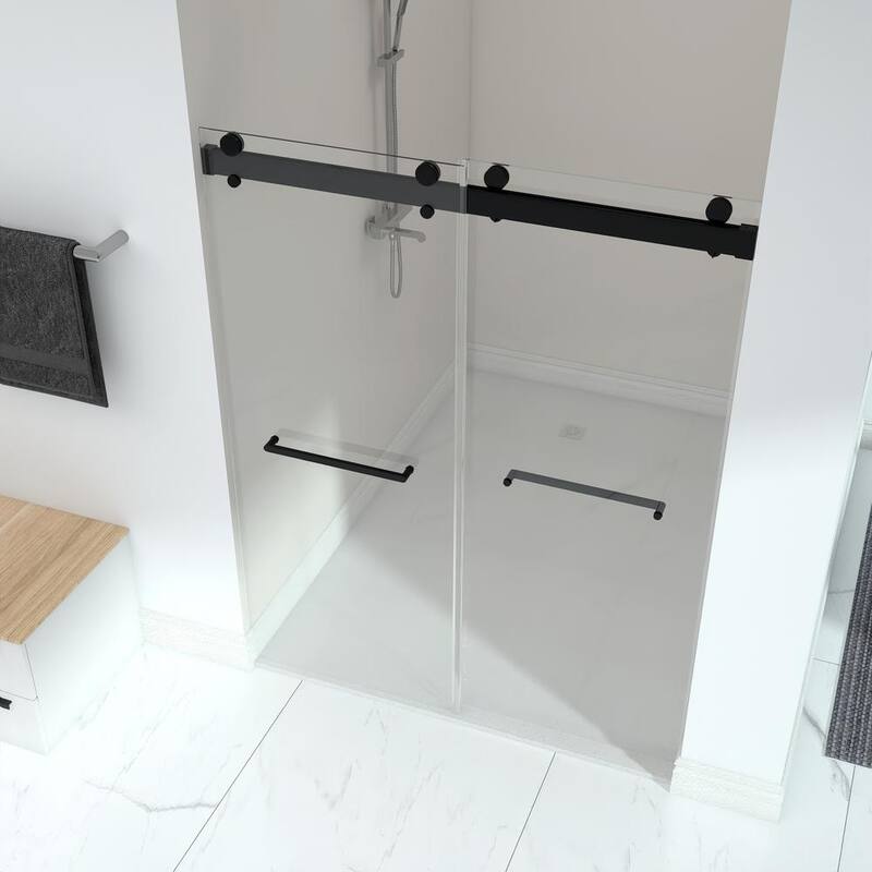 60 in. W x 79 in. H Double Sliding Frameless Shower Door in Matte Black with Towel Bar and Stainless Hardware