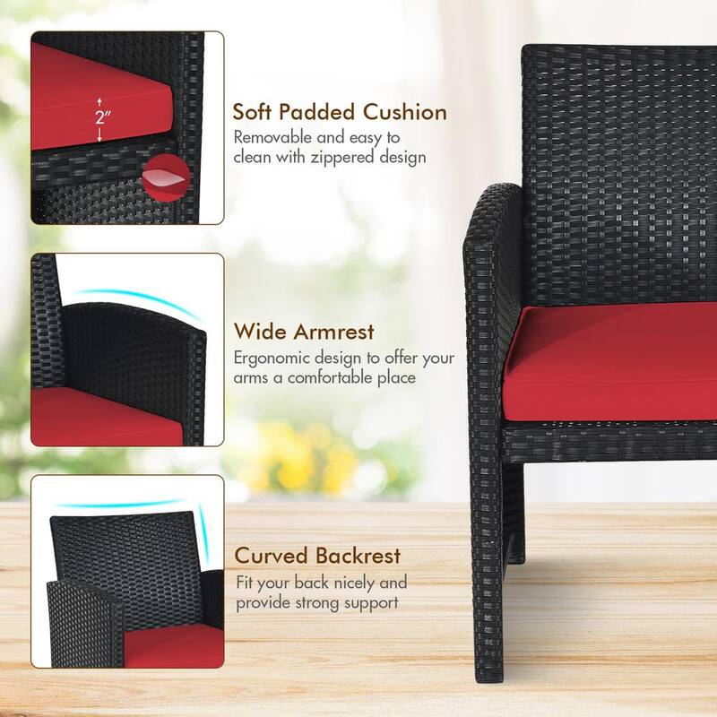 4-Piece Wicker Patio Conversation Set with 3 Red Cushions