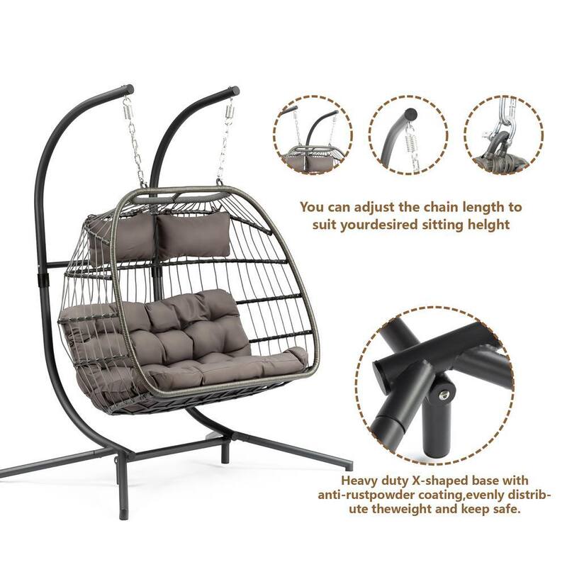 63 in. W 2-Person Luxury Aluminum and Wicker Patio Swing Hanging Egg Chair with Gray Cushion