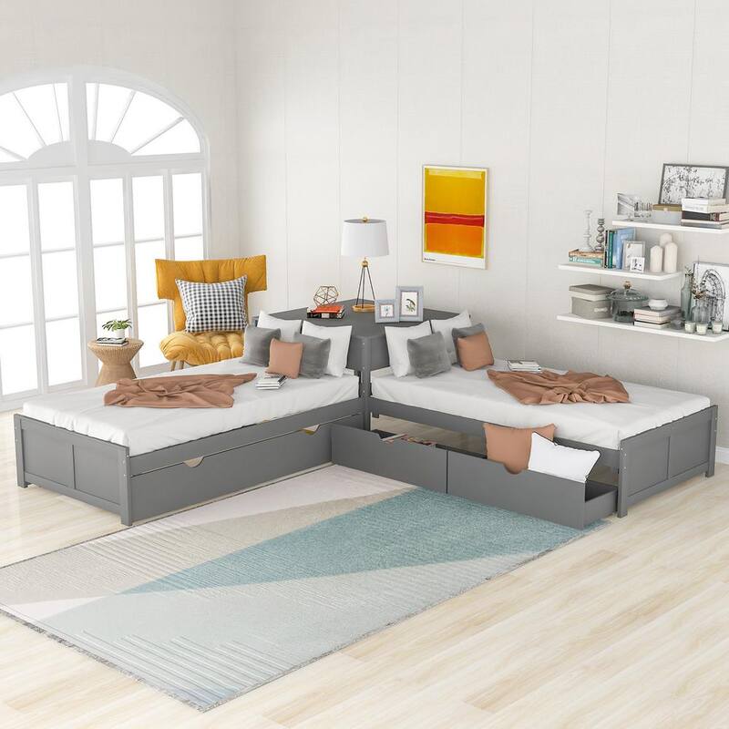 117.60 in Width Gray L-shaped Twin Size Platform Bed with Trundle and Drawers Linked with built-in Desk