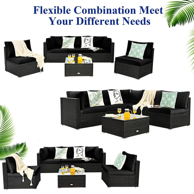 6-Pieces Rattan Outdoor Sectional Sofa Set Patio Furniture Set with Black Cushions