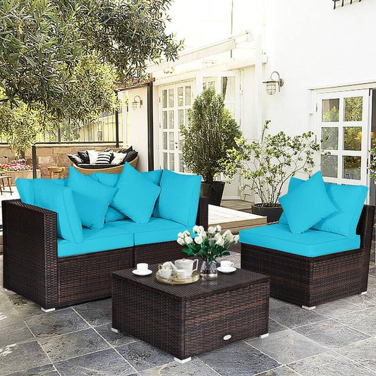 4-Pieces Rattan Patio Conversation Furniture Set Yard Outdoor with Turquoise Cushion