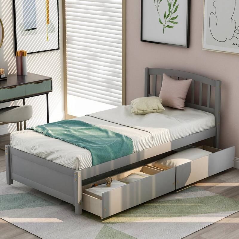 79.5 in. W Gray Twin Wood Frame Platform Bed with 2-Drawers and Headboard