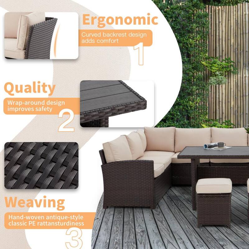 7-Piece Wicker Patio Conversation Set with Sand Cushions Ottoman for Outside Garden Lawn