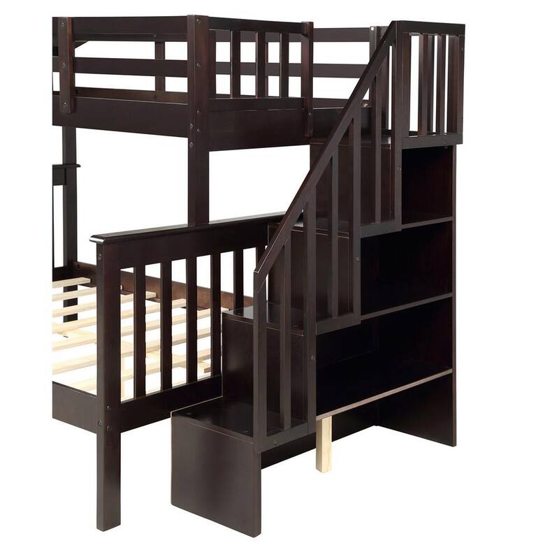 54.33 in. W Espresso Stairway Twin-Over-Full Bunk Bed with Storage and Guard Rail for Bedroom